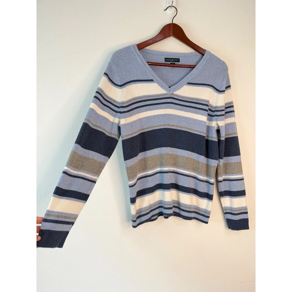 Vintage 90s Inspo Karen Scott Striped‎ Vneck Sweater XL Blue Gray White Preppy